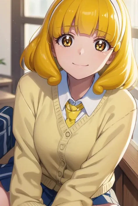 yayoikise, <lora:yayoi kise s1-lora-nochekaiser:1>,
yayoi kise, short hair, blonde hair, (yellow eyes:1.3), hairband, white hairband, smile,
BREAK skirt, school uniform, socks, cardigan, nanairogaoka middle school uniform, yellow cardigan, pleated skirt, blue skirt,
BREAK indoors,classroom,
BREAK looking at viewer, dynamic pose,
BREAK <lyco:GoodHands-beta2:1>, (masterpiece:1.2), best quality, high resolution, unity 8k wallpaper, (illustration:0.8), (beautiful detailed eyes:1.6), extremely detailed face, perfect lighting, extremely detailed CG, (perfect hands, perfect anatomy),