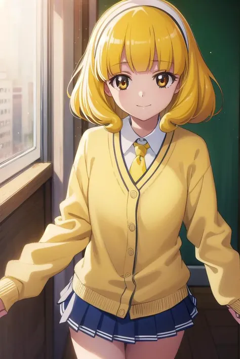 yayoikise, <lora:yayoi kise s1-lora-nochekaiser:1>,
yayoi kise, short hair, blonde hair, (yellow eyes:1.3), hairband, white hairband, smile,
BREAK skirt, school uniform, socks, cardigan, nanairogaoka middle school uniform, yellow cardigan, pleated skirt, blue skirt,
BREAK indoors,classroom,
BREAK looking at viewer, dynamic pose,
BREAK <lyco:GoodHands-beta2:1>, (masterpiece:1.2), best quality, high resolution, unity 8k wallpaper, (illustration:0.8), (beautiful detailed eyes:1.6), extremely detailed face, perfect lighting, extremely detailed CG, (perfect hands, perfect anatomy),