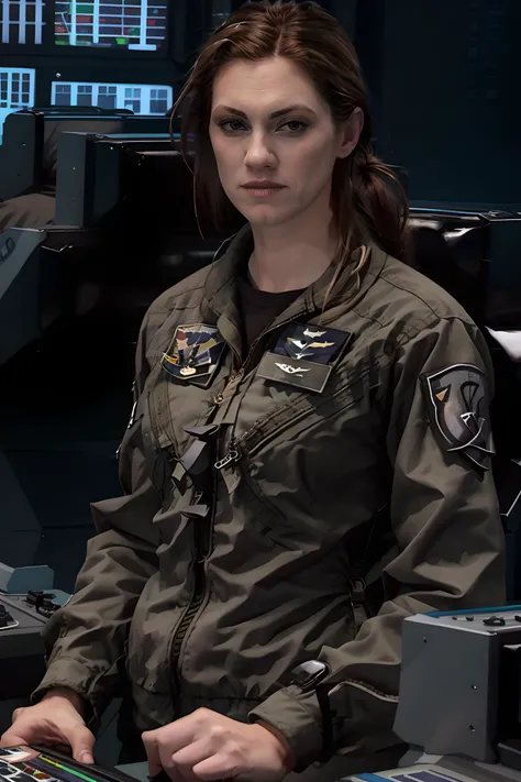 , ,<lora:sg-daedalus-bridge-pilot-v2-wvl:1>, pilot, woman, military uniform,,
