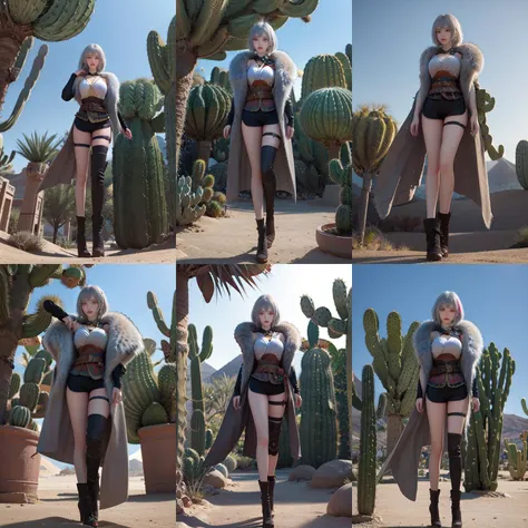 (otherworldly, otherworldly atmosphere, otherworldly appearance), highly insanely detailed, masterpiece, top quality, best quality, highres, 4k, 8k, RAW photo, collar, earrings, jewelry, necklace, armlet, 
(long_hair, long hair, random colors cloth, random colors hair, random long hair, dynamic hair, glowing hair, hair over one eye), 
(eyelashes, eyeliner, eyeshadow, eyelashes), 
pink lipstick, 
makeup, 
((ancient egyptian theme)), golden ornaments, 
1girl, (portrait:0.4), nsfw, 
((desert, Mexico, cacti, underwater)), 
a grove of mechanical trees swaying to the rhythm of coded breezes, (tranquil:0.6), (serene:0.5), 
long messy hair, 
1girl, (from below), 
baiyuekui, solo, full body, gray fur cape, single thighhigh, asymmetrical legwear, black shorts, boots, black footwear, belt, high heels, thigh strap, 
outdoors, War ruins, 
narrow waist, wide hips, large breasts, white hair, short hair, 
<lora:baiyuekui_SD15_V3:0.7>, (fantasy world)