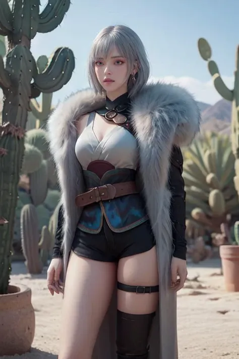 (otherworldly, otherworldly atmosphere, otherworldly appearance), highly insanely detailed, masterpiece, top quality, best quality, highres, 4k, 8k, RAW photo, collar, earrings, jewelry, necklace, armlet, (long_hair, long hair, random colors cloth, random colors hair, random long hair, dynamic hair, glowing hair, hair over one eye), (eyelashes, eyeliner, eyeshadow, eyelashes), pink lipstick, makeup, ((ancient egyptian theme)), golden ornaments, 1girl, (portrait:0.4), nsfw, ((desert, Mexico, cacti, underwater)), a grove of mechanical trees swaying to the rhythm of coded breezes, (tranquil:0.6), (serene:0.5), long messy hair, 1girl, (from below), baiyuekui,solo,full body,gray fur cape,single thighhigh,asymmetrical legwear,black shorts,boots,black footwear,belt,high heels,thigh strap, outdoors,War ruins, narrow waist,wide hips,large breasts,white hair,short hair, (photorealistic:1.4),(masterpiece,best quality,ultra_detailed,highres,absurdres:1.2), <lora:neg4all_bdsqlsz_V3.5:1>,<lora:baiyuekui_SD15_V3:0.7>,, (fantasy world)