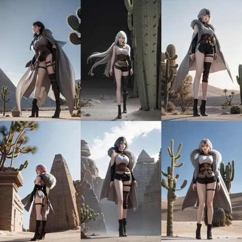 (otherworldly, otherworldly atmosphere, otherworldly appearance), highly insanely detailed, masterpiece, top quality, best quality, highres, 4k, 8k, RAW photo, collar, earrings, jewelry, necklace, armlet, 
(long_hair, long hair, random colors cloth, random colors hair, random long hair, dynamic hair, glowing hair, hair over one eye), 
(eyelashes, eyeliner, eyeshadow, eyelashes), 
pink lipstick, 
makeup, 
((ancient egyptian theme)), golden ornaments, 
1girl, (portrait:0.4), nsfw, 
((desert, Mexico, cacti, underwater)), 
a grove of mechanical trees swaying to the rhythm of coded breezes, (tranquil:0.6), (serene:0.5), 
long messy hair, 
1girl, (from below), 
baiyuekui, solo, full body, gray fur cape, single thighhigh, asymmetrical legwear, black shorts, boots, black footwear, belt, high heels, thigh strap, 
outdoors, War ruins, 
narrow waist, wide hips, large breasts, white hair, short hair, 
<lora:baiyuekui_SD15_V3:0.7>, (fantasy world)