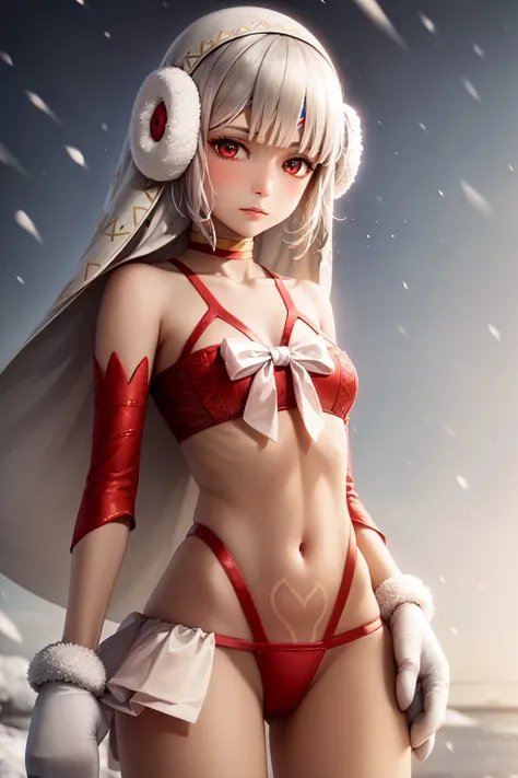 (masterpiece, best quality:1.2), <lyco:fate_altera-17:1.0>, cowboy shot, solo, 1girl, alterasanta, dark skin, dark-skinned female, full-body tattoo, expressionless, looking at viewer, contrapposto, veil, earmuffs, revealing clothes, detached sleeves, mittens, choker, bare shoulders, midriff, navel, snowing