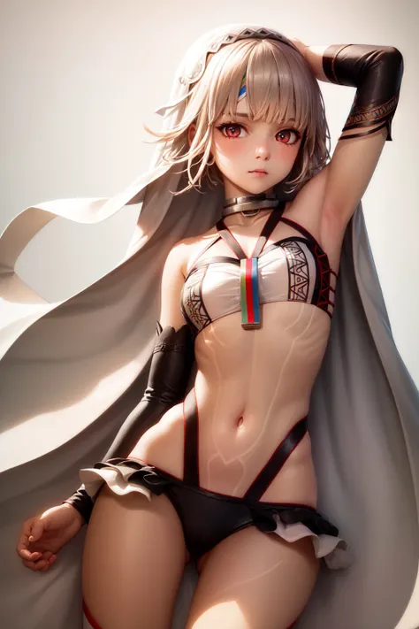 (masterpiece, best quality:1.2), <lyco:fate_altera-17:1.0>, cowboy shot, solo, 1girl, altera, dark skin, dark-skinned female, full-body tattoo, expressionless, looking at viewer, arm up, veil, detached sleeves, choker, bare shoulders, midriff, navel