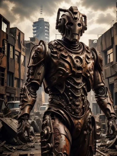 running cyberman, He held out one hand, (best quality:1.5), (correct hands, correct fingers, perfectly drawn hands), black eyes, correct proportions, far shot, full body showing, epic ruined city street scenery, flame explosion at background, rusted metal, detailed rust texture, horror apocalyptical style, <lora:furthermoreV9:0.3>, <lora:zoom_slider_v1:-1> <lora:Cyberman:0.8> cyberman, modern cyberman, <lora:mdfz:0.3> <lora:Modelaging_last:0.3> <lora:ruinedarchi:0.1> <lora:Cyberpunk03:0.8> artwork <lora:Clothing - Rusty Armor:0.3> rusty4rmor, rusty, torn clothes <lora:epi_noiseoffset2:0.8>