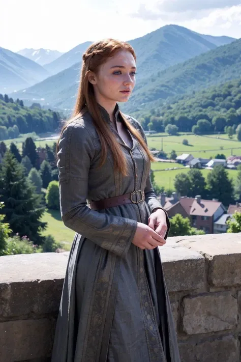 sophieturner,a woman wearing traditional dress, (mountains:0.8), (natural lighting:0.5)  <lora:sophieturner:0.9>
