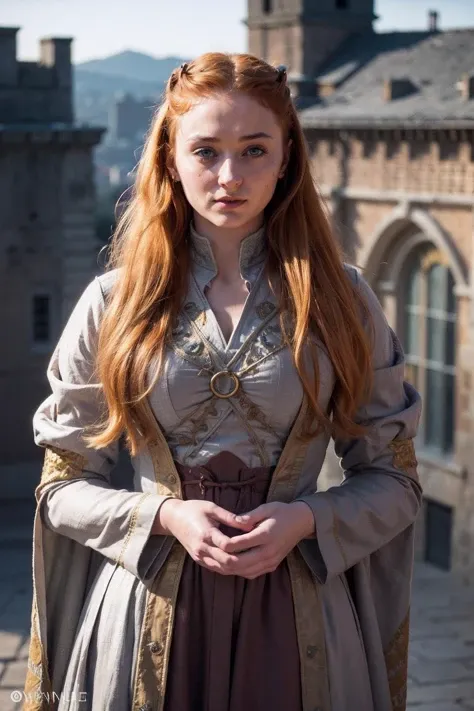 sophieturner,a woman wearing traditional dress, (rooftop:0.8), (golden hour:0.5) <lora:sophieturner:0.9>