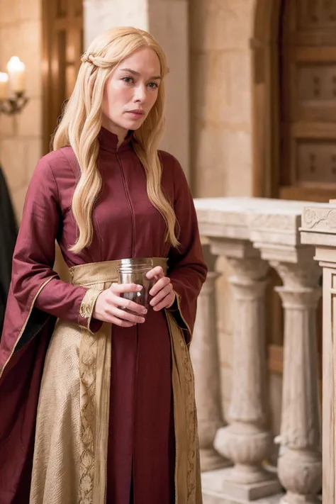 lenaheadey,a woman with long blonde hair, queen, dress, drinking wine,( castle, greece:0.7), <lora:lenaheadey-000006:0.8>