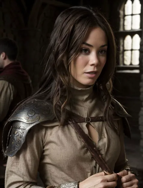 <lora:roxannemckee:0.9> roxannemckee, , BARBARIAN COSTUME, (DOTHRAKI:0.3), medium shot, linen medieval turtleneck, medieval feast background