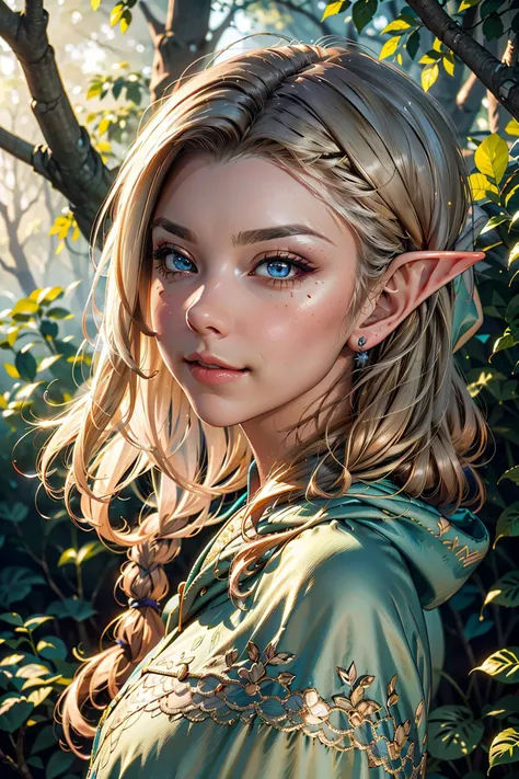 a beautiful enchanting woman elf (<lora:nataliedormer-000008:0.8> nataliedormer) posing in the woods, detailed flowing long hair, woman, soft cloth, detailed embroidery, silk outfit and hood (style-paintmagic), perfect skin, highly insanely detailed, masterpiece, top quality, best quality, highres, 8k, RAW photo, detailed face,detailed eyes, realistic, slight sexy grin, facing random direction