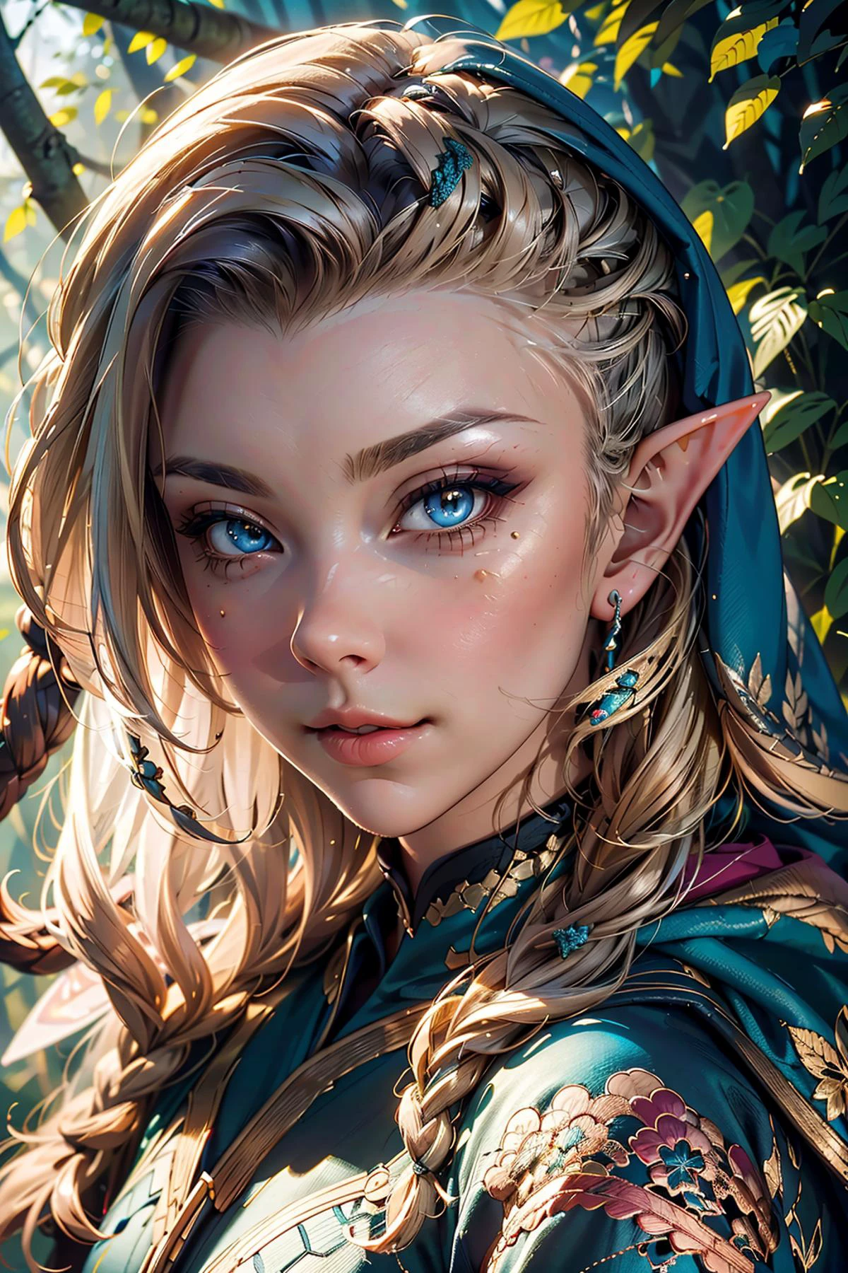 a beautiful enchanting woman elf (<lora:nataliedormer-000008:0.8> nataliedormer) posing in the woods, detailed flowing long hair, woman, soft cloth, detailed embroidery, silk outfit and hood (style-paintmagic), perfect skin, highly insanely detailed, masterpiece, top quality, best quality, highres, 8k, RAW photo, detailed face,detailed eyes, realistic, slight sexy grin, facing random direction