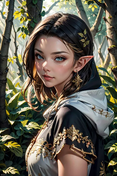 a beautiful enchanting woman elf (<lora:nataliedormer-000008:0.8> nataliedormer) posing in the woods, detailed long flowing black hair (<lora:glass_hair:0.6>), woman, soft cloth, detailed embroidery, silk outfit and hood (style-paintmagic), perfect skin, highly insanely detailed, masterpiece, top quality, best quality, highres, 8k, RAW photo, detailed face, detailed golden eyes, realistic, slight sexy grin, body facing random direction,