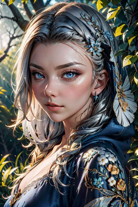 a beautiful enchanting woman (<lora:nataliedormer-000008:0.8> nataliedormer) posing in the woods, detailed flowing long hair, woman, navy blue cloth, detailed bright silver embroidery, outfit, and, hood, (perfect hand), shiny skin, highly insanely detailed, masterpiece, top quality, best quality, highres, 8k, RAW photo, detailed face,detailed eyes, realistic,