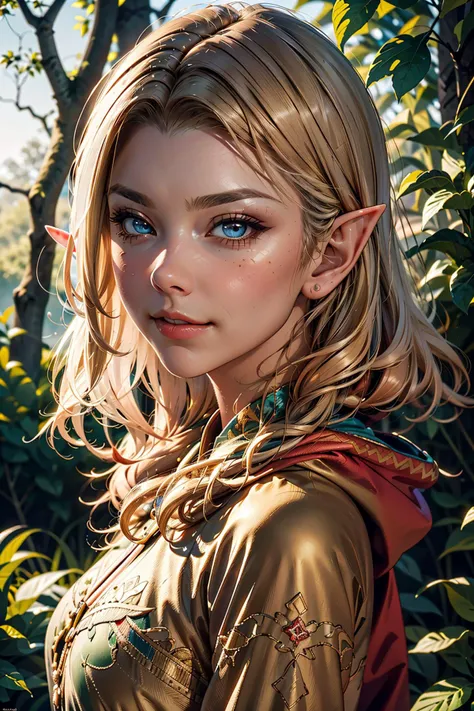 a beautiful enchanting woman elf (<lora:nataliedormer-000008:0.8> nataliedormer) posing in the woods, detailed flowing long red hair with blonde streaks (<lora:glass_hair:0.6>), woman, soft cloth, detailed embroidery, silk outfit and hood (style-paintmagic), perfect skin, highly insanely detailed, masterpiece, top quality, best quality, highres, 8k, RAW photo, detailed face,detailed eyes, realistic, slight sexy grin, body facing random direction,