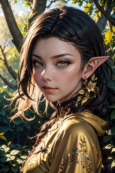 a beautiful enchanting woman elf (<lora:nataliedormer-000008:0.8> nataliedormer) posing in the woods, detailed long flowing black hair (<lora:glass_hair:0.6>), woman, soft cloth, detailed embroidery, silk outfit and hood (style-paintmagic), perfect skin, highly insanely detailed, masterpiece, top quality, best quality, highres, 8k, RAW photo, detailed face, detailed golden eyes, realistic, slight sexy grin, body facing random direction,