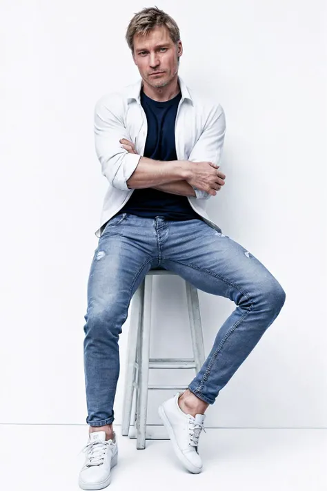 <lora:nicolajcoster:0.8> nicolajcoster, wearing a shirt and jeans and sneakers, fashion photography, editorial, gq magazine, posing against a white background