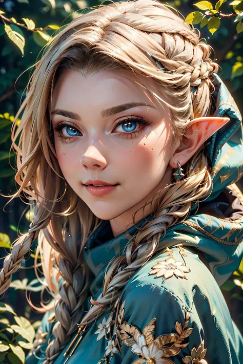 a beautiful enchanting woman elf (<lora:nataliedormer-000008:0.8> nataliedormer) posing in the woods, detailed flowing long hair, woman, soft cloth, detailed embroidery, silk outfit and hood (style-paintmagic), perfect skin, highly insanely detailed, masterpiece, top quality, best quality, highres, 8k, RAW photo, detailed face,detailed eyes, realistic, slight sexy grin, facing random direction