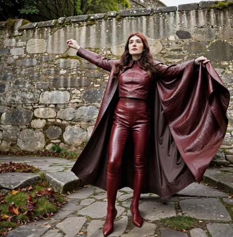 woman in a long dark red leather cape, leather armor, tight clothing, detailed face, <lora:caricevh:1>, dappled moonlight, in a medieval castle, in ireland on a shore, dancing and looking angry, hands arms up, from above,