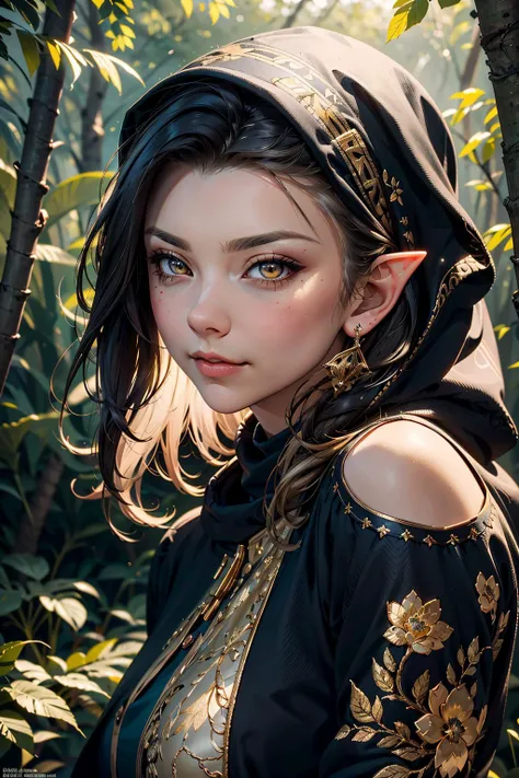 a beautiful enchanting woman elf (<lora:nataliedormer-000008:0.8> nataliedormer) posing in the woods, detailed long flowing black hair (<lora:glass_hair:0.6>), woman, soft cloth, detailed embroidery, silk outfit and hood (style-paintmagic), perfect skin, highly insanely detailed, masterpiece, top quality, best quality, highres, 8k, RAW photo, detailed face, detailed golden eyes, realistic, slight sexy grin, body facing random direction,