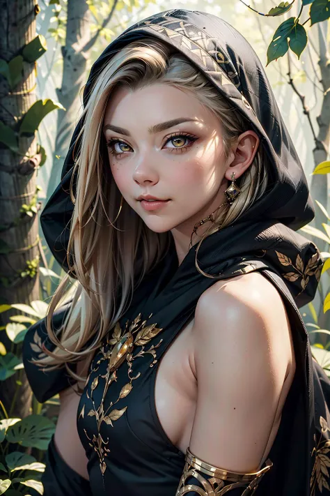 a beautiful enchanting woman elf (<lora:nataliedormer-000008:0.8> nataliedormer) posing in the woods, detailed long flowing black hair (<lora:glass_hair:0.6>), woman, soft cloth, detailed embroidery, silk outfit and hood (style-paintmagic), perfect skin, highly insanely detailed, masterpiece, top quality, best quality, highres, 8k, RAW photo, detailed face, detailed golden eyes, realistic, slight sexy grin, body facing random direction,
