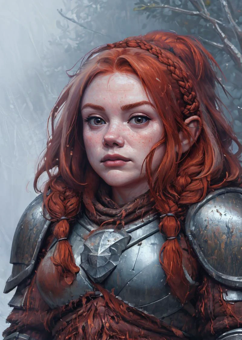 (ultra-detailed, masterpiece, best quality:1.6), snowy forest, fog, (overcast, bleak:1.4), (portrait of warrior woman:1.2), (focus on face), (bichu, oil painting, impressionism), (dark shadows, dim lighting), BREAK.
solo, hannahmurray, (dwarf, stocky, broad shoulders, messy ginger hair, braids:1.5), (detailed face:1.5), (large eyes), (pale skin), freckles, blush, (wearing armor, leather armor, cleavage:1.3), round breasts, plump, (smirk:1.2), wide eyes, dark eyes, dirty, (axe in hand), stalenh4g,
<lora:DwarfV5:0.7> <lora:Round_Breasts_V7:0.75> <lora:chubby girl:0.3> <lora:hannahmurray:0.7> <lora:Stalenh4g:0.6> <lora:bichu-v0612:0.3>