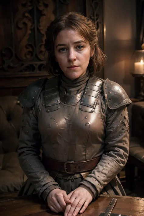 GemmaWhelan,a woman wearing knight armor in cozy café corner castle, (golden hour:0.5) <lora:GemmaWhelan:0.9>