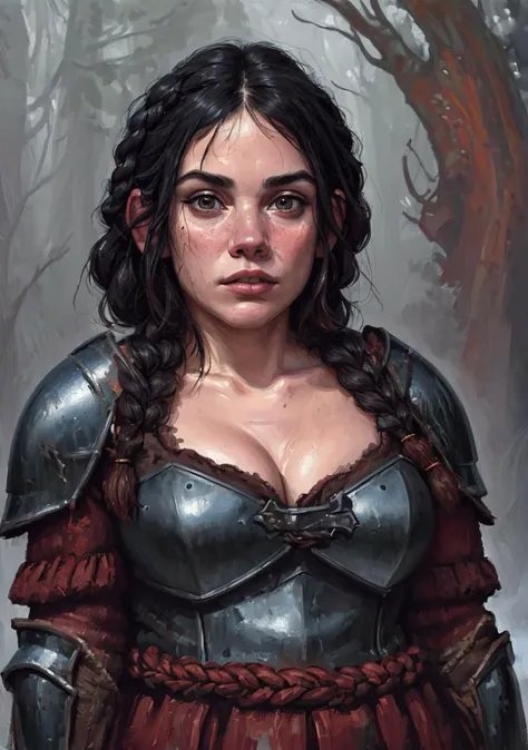 (ultra-detailed, masterpiece, best quality:1.6), snowy forest, fog, (overcast, bleak:1.4), (portrait of warrior woman, muscular:1.2), (focus on face), (bichu, oil painting, impressionism), (dark shadows, dim lighting), BREAK. solo, hannahmurray, (dwarf, stocky, broad shoulders, messy black hair, braids:1.5), (detailed face:1.5), (large blue eyes), (pale skin), freckles, blush, (wearing dark armor, dark leather armor, cleavage:1.3), (large breasts, round breasts), plump, (serious:1.2), wide eyes, dark eyes, dirty, stalenh4g, <lora:DwarfV5:0.65> <lora:Round_Breasts_V7:0.75> <lora:chubby girl:0.3> <lora:hannahmurray:0.65> <lora:Stalenh4g:0.6> <lora:bichu-v0612:0.25>
