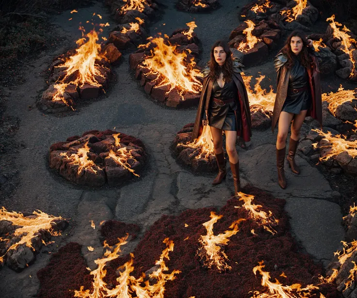 woman in a long dark red leather cape, leather armor, tight clothing, detailed face, <lora:caricevh:1>, dappled moonlight, in a medieval castle, in ireland on a shore, looking back, angry, hands arms up, from above, big volcano in the background spitting lava, fire in the background, fire everywhere, majestic pose, fire on her, <lora:detail_slider_v4:2.5> ,