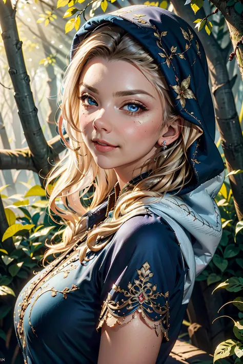 a beautiful enchanting woman elf (<lora:nataliedormer-000008:0.8> nataliedormer) posing in the woods, detailed flowing long hair, woman, soft cloth, detailed embroidery, silk outfit and hood (style-paintmagic), perfect skin, highly insanely detailed, masterpiece, top quality, best quality, highres, 8k, RAW photo, detailed face,detailed eyes, realistic, slight sexy grin, facing random direction