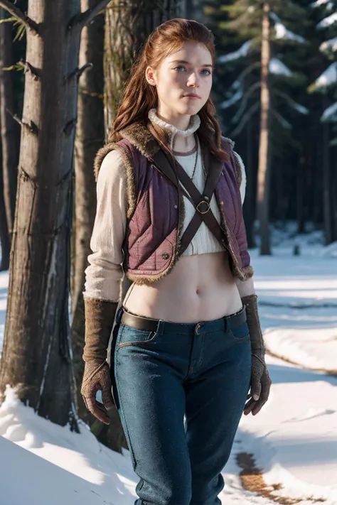 r0seleslie,a woman wearing medieval fur quilted vest and skinny trousers, pine forest, snow, (rim lighting:0.5) <lora:r0seleslie:0.9>