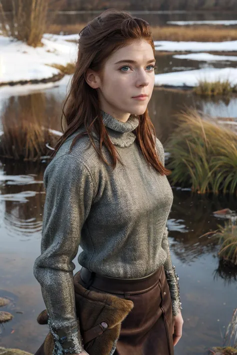 r0seleslie,a woman wearing medieval fur turtleneck and pencil skirt, lush wetlands, snow, (natural lighting:0.5) <lora:r0seleslie:0.9>