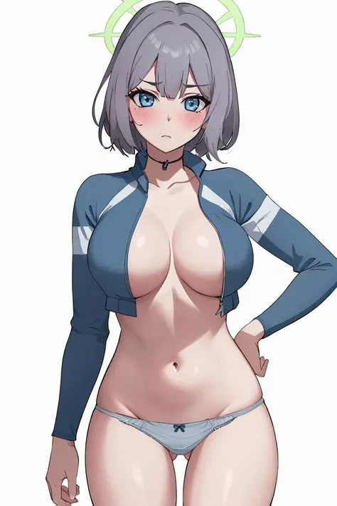 masterpiece, best quality, absurdres, <lora:SakiSwimsuitV1-000080:0.9>, SakiSw1m, 1girl, breasts, navel, panty_pull, blush, large_breasts, short_hair, panties, underwear, looking_at_viewer, halo, open_clothes, bangs, grey_hair, cropped_jacket