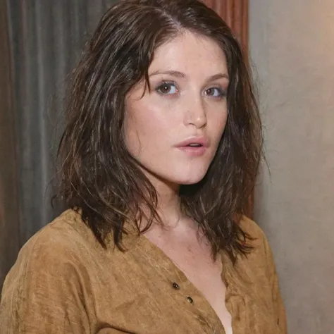 a woman,  (GemmaArterton555:1) brunette, close-up, girl next door, baggy clothes, night, interior, messy hair <lora:GemmaArterton555:1>