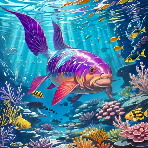 famous artwork by krzysztof maziarz, (dramatic scene:1.2), (fractal art:0.2), fantasy style, dynamic angle, the formal puddlechonk, a stealthy aquatic creature, equipped with large translucent fins, assimplumized floink and a long stinging tail, gracefully zorgbaffles through the crystal-clear waters of its native colorful coral reefs on planet slurmsphere prime BREAK, trippy, psychedelic, colorful, 2d, anime, detailed, illustration, intricate, <lora:LORA-XenoDetailer-v3:0.75>, <lora:sharpen-soften:-0.5>