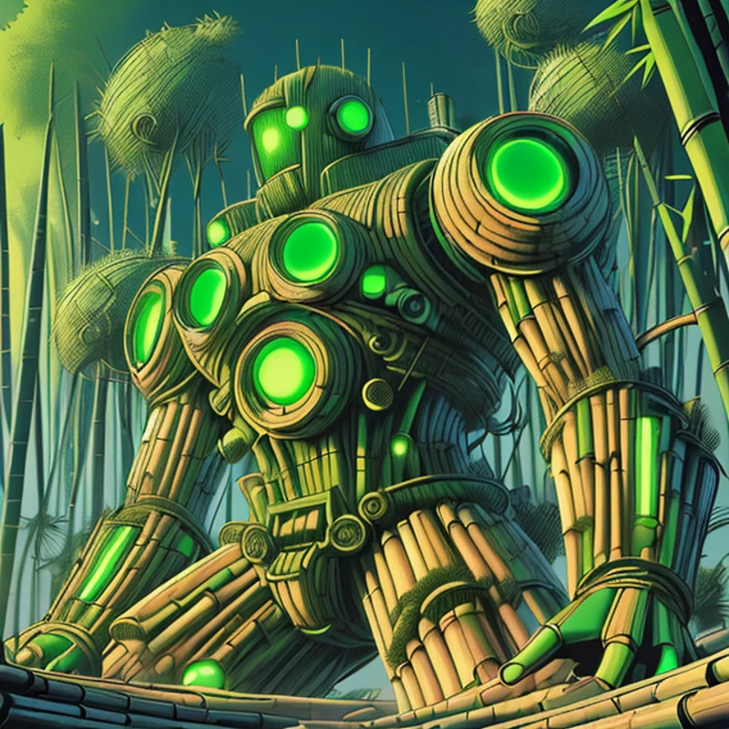 60s scifi ink comic by Jack Kirby, A complex machine, <lora:BambooTech:1> bambootech, bamboo, fibers,