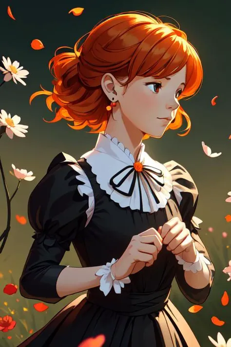 absurdres,wallpaper,official_art,dappled sunlight,1girl,sunlight,black bow,floating hair,orange hair,solo,puffy sleeves,black flower,short hair,gradient background,falling petals,bow,flower earrings,petals