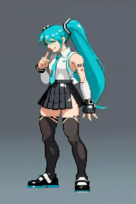 masterpiece, best quality, solo, 1girl, smile, hatsune miku, black skirt, <lora:Cps2V2_Fp:1>, simple background, standing, full body, fighting stance,