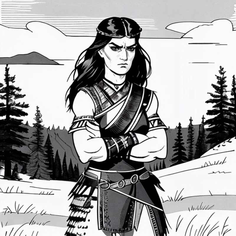 <lora:OldSchoolDnD:0.7> adnd detailed lineart of a lean and strong barbarian woman from the grassy steppes with layered stitched leather lamellar, detailed dark eyes, <lora:neg4all_bdsqlsz_V3.5:0.8> thematic wilderness background, dynamic action pose, defiance512 <lora:Barbarian-V1:0.8> barbarian medium breasts