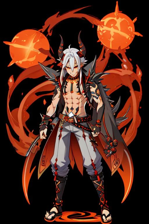 Genshin Impact Style, solo, long hair, looking at viewer, simple background, red eyes, 1boy, navel, jewelry, closed mouth, standing, full body, white hair, short sleeves, grey hair, male focus, red hair, japanese clothes, horns, belt, pants, nail polish, bracelet, orange eyes, tattoo, piercing, abs, black background, black nails, spikes, o-ring, oni horns, toenails, oni, vision (genshin impact), facepaint, spiked bracelet, red horns, toeless footwear, bodypaint, sleeveless coat,
<lora:GenshinStyle:1>