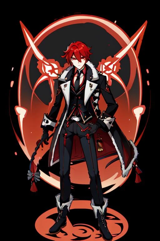 Genshin Impact Style, solo, long hair, looking at viewer, simple background, shirt, red eyes, gloves, long sleeves, 1boy, hair between eyes, closed mouth, standing, jacket, full body, ponytail, male focus, red hair, boots, necktie, black gloves, collared shirt, belt, pants, black footwear, coat, black jacket, fur trim, black pants, antenna hair, black background, tassel, black necktie, black coat, vision, 
 <lora:GenshinStyle:1>