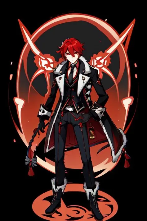 Genshin Impact Style, solo, long hair, looking at viewer, simple background, shirt, red eyes, gloves, long sleeves, 1boy, hair between eyes, closed mouth, standing, jacket, full body, ponytail, male focus, red hair, boots, necktie, black gloves, collared shirt, belt, pants, black footwear, coat, black jacket, fur trim, black pants, antenna hair, black background, tassel, black necktie, black coat, vision, 
 <lora:GenshinStyle:1>