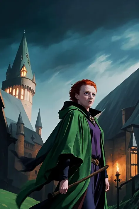 A powerful witch in a green cloak,
<lora:Minerva McGranitt:1> minerva, red hair, green cloak, standing in front of hogwarts