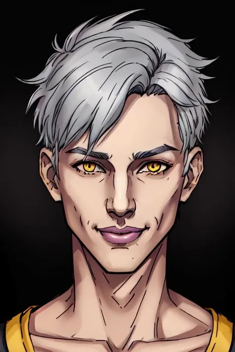 Duskfallcrew Art Style, 1boy, male focucs, solo, looking at viewer, smile, short hair, collarbone, yellow eyes, grey hair, parted lips, lips, portrait,
<lora:DuskArtV6:0.5>