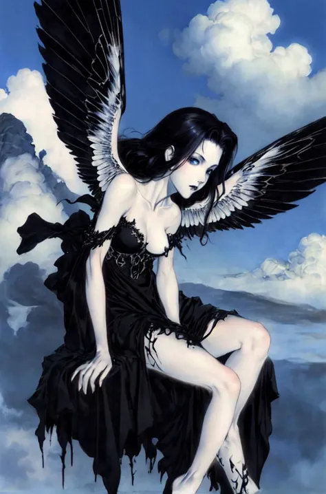 alluring succubus, black dress, ethereal beauty, perched on a cloud, enchanting gaze, captivating pose, delicate wings, otherworldly charm, mystical sky,
upper body,
impasto by Luis Royo and Yoshitaka Amano