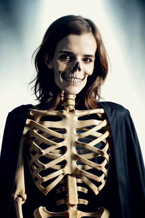 emma watson, as a ((skeleton)), bare bones, necromancer lich, skeletal figure, ghoul, ghost, horror, creepy, long white torn clothes, evil insidious smile, cruel face, hidden in the dark, horror poster, cinematic lighting