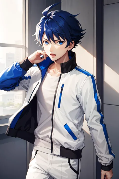 taiga takeru\(side-m\), looking at viewer, solo, 1boy, blue hair, male focus, blue eyes, ahoge, white jacket, white pants, blue shirt,