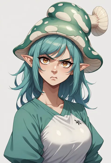 score_7, score_5, kawaii, a mushroom girl sits indian_style, pointy_ears, (pouting), angry, large_breasts, oversized_clothes, rating_safe,