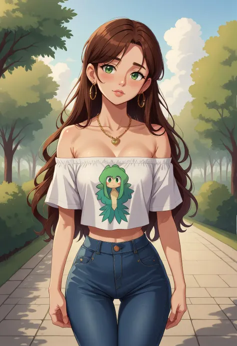 score_7, score_5, big eye kawaii, solo, elegant mature adult woman, flat_chest, narrow_waist, (long_legs), arms_at_sides, hands_on_own_thighs, contrapposto, standing, covered_nipples, huge_nipples, thigh_gap, (off_shoulder), print_shirt, t-shirt, oversized_shirt, tight_pants, jeans, (untucked_shirt:1.3), dangle_earrings, strapless, midriff, necklace, brown_hair, green_eyes, long_hair, hair_over_shoulder, head_tilt, smile, parted_lips, nervous, blush, in the park,