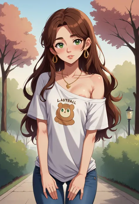 score_7, score_5, big eye kawaii, solo, elegant mature adult woman, flat_chest, narrow_waist, (long_legs), arms_at_sides, hands_on_own_thighs, contrapposto, standing, covered_nipples, huge_nipples, thigh_gap, (off_shoulder), print_shirt, t-shirt, oversized_shirt, tight_pants, jeans, (untucked_shirt:1.3), dangle_earrings, strapless, midriff, necklace, brown_hair, green_eyes, long_hair, hair_over_shoulder, head_tilt, smile, parted_lips, nervous, blush, in the park,