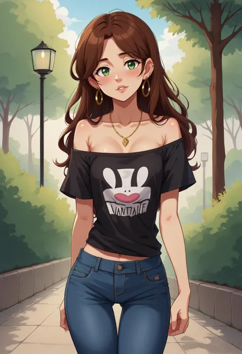 score_7, score_5, big eye kawaii, solo, elegant mature adult woman, flat_chest, narrow_waist, (long_legs), arms_at_sides, hands_on_own_thighs, contrapposto, standing, covered_nipples, huge_nipples, thigh_gap, (off_shoulder), print_shirt, t-shirt, oversized_shirt, tight_pants, jeans, (untucked_shirt:1.3), dangle_earrings, strapless, midriff, necklace, brown_hair, green_eyes, long_hair, hair_over_shoulder, head_tilt, smile, parted_lips, nervous, blush, in the park,